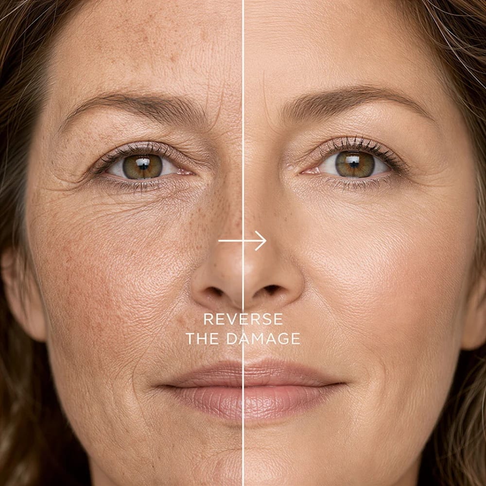 Close-up of a middle aged woman with sun damage on skin on one half reversed damage on other half
