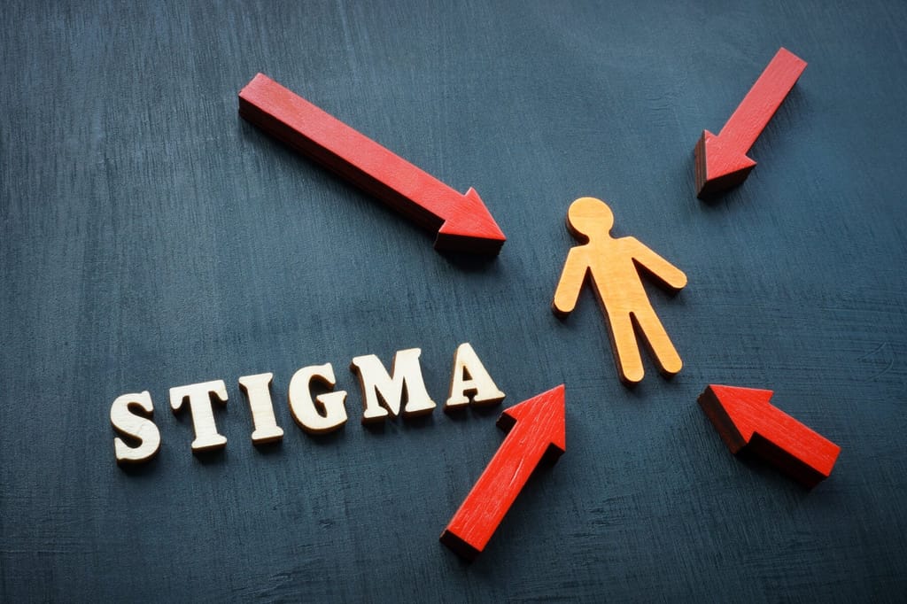 Human figurine, arrows and word stigma.