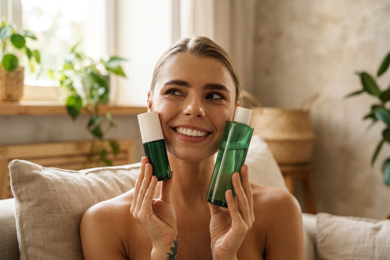 Smiling young woman with perfect glowing skin holding green skincare bottles in hands.