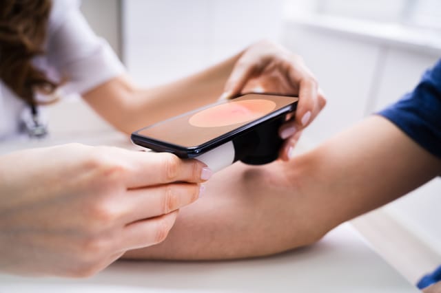 Female Doctor Examining Skin Of Male Patient using AI app