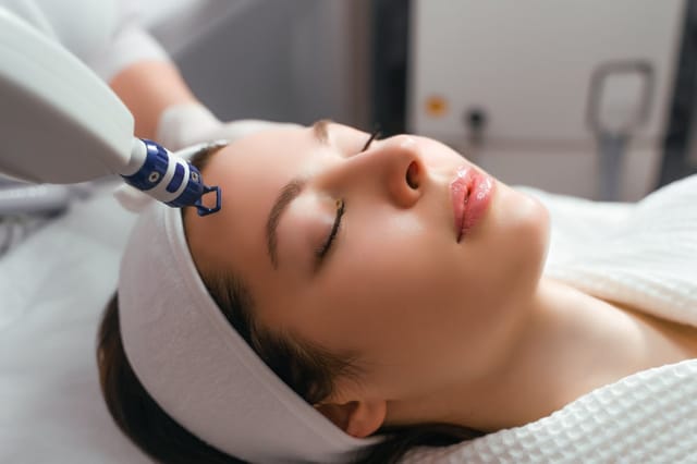A woman receives laser treatment of the face in a cosmetology clinic