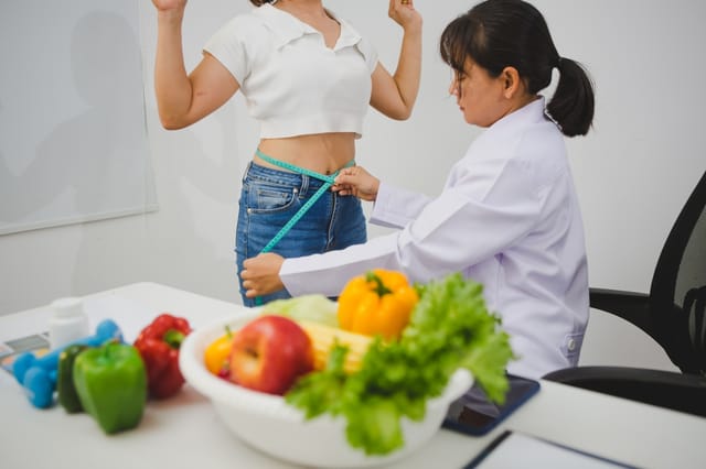 female cosmetic dermatologist attentively discusses dietary habits with a patient offering personalized nutrition advice for weight loss and skin care