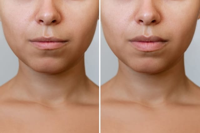 Result of lip augmentation young woman's lower part of face with lips before and after lip enhancement