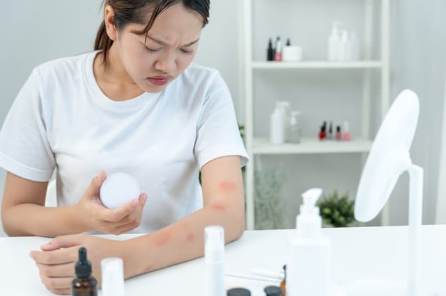 skin problem and beauty. woman scratch body has itchy skin from skin allergic, steroid allergy, sensitive skin, red from sunburn, chemical allergy, rash, insect bites, Seborrheic Dermatitis.