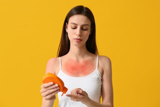 Young woman with red sunburned skin applying cream on yellow background