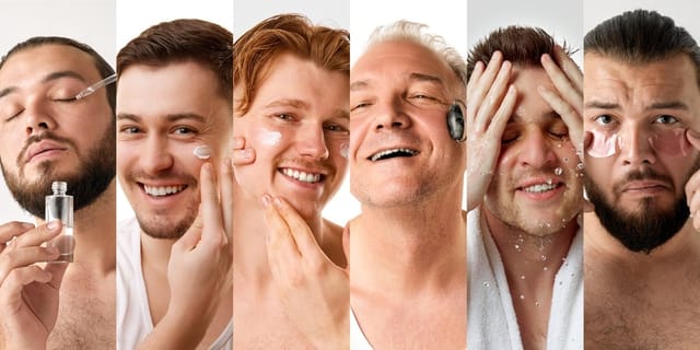 Collage of 5 men daily involved with their daily skincare routine, showing modern selfcare habits abd male grooming