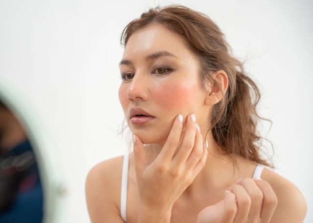 woman worried about face with sensitive skin possibly due to rosacea allergies or skin barrier damage